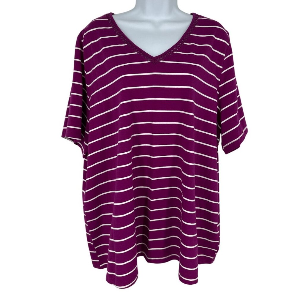 Women's Catherines  Striped V-Neck  Top in Berry Size 1X